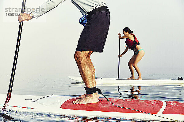 Standup-Paddle-Boarder paddeln durch einen nebligen Morgen bei Sonnenaufgang