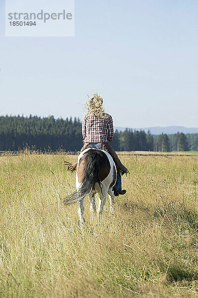 Rückansicht einer mittleren erwachsenen Frau  die auf einem Pferd auf einem Bauernhof reitet  Bayern  Deutschland