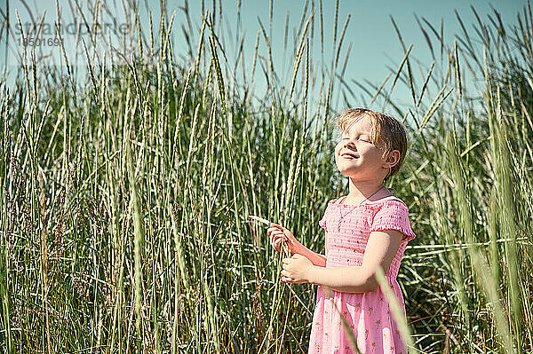 Glückliches kleines Mädchen  das die Sonne im Gras genießt