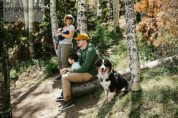 Familie sitzt draußen im Wald mit einem Hund glücklich in der Natur