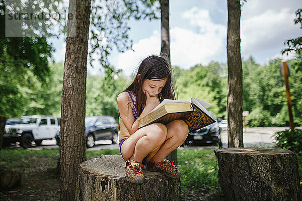 Ein kleines Mädchen sitzt draußen auf einem Baumstumpf und liest ein großes Buch