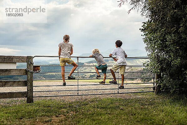 Drei Kinder klettern auf ein Tor  in der Ferne liegen Berge