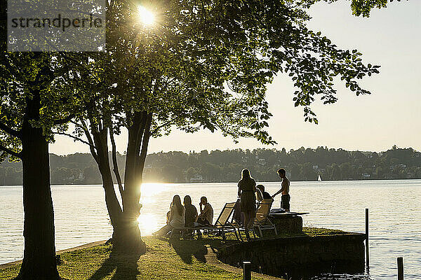 Gruppe junger Freunde feiert bei Sonnenuntergang am Seeufer  Bayern  Deutschland