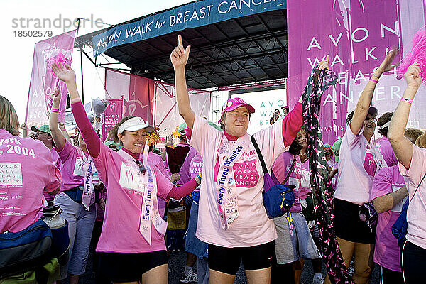 Walkers celebrate at the closing ceremonies of the Avon Walk for Breast Cancer in New York City.
