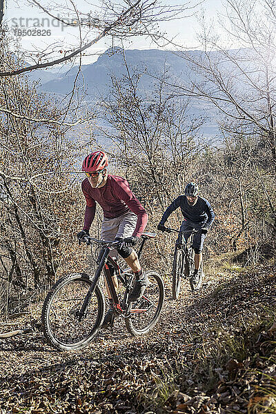 Mountainbiker fahren bergauf in alpiner Landschaft  Trentino  Italien