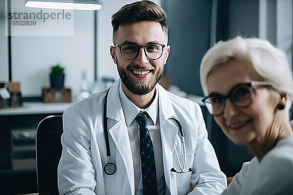 Freundlicher Arzt  der mit seinem Patienten interagiert. Generative KI