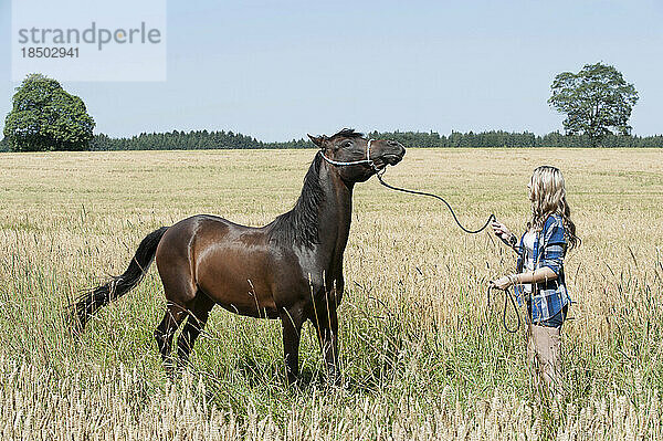 Junge Frau steht mit ihrem braunen Pferd im Getreidefeld  Bayern  Deutschland