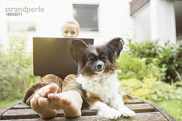 Junge Frau benutzt Laptop mit ihrem Hund im heimischen Garten  München  Bayern  Deutschland