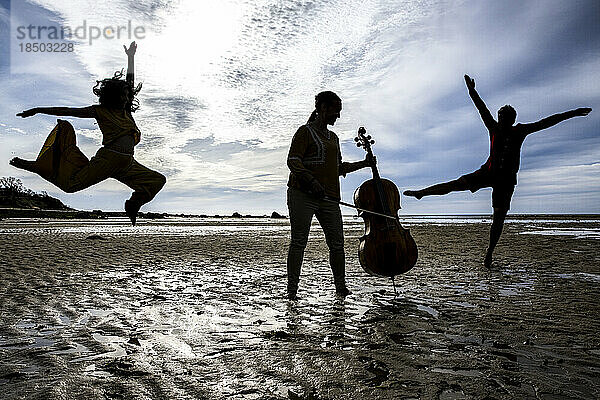 Silhouetten von Tänzern und Cellisten am Strand von Cape Cod