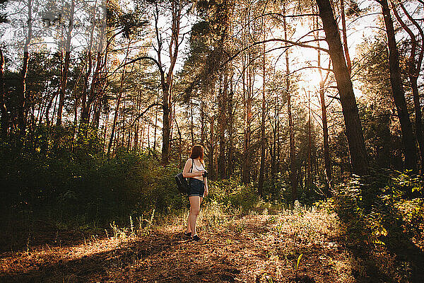Wanderin mit Kamera spaziert im Sommer im Wald