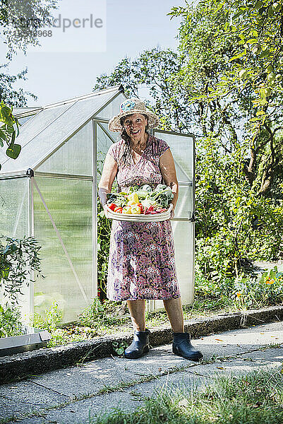 Ältere Frau mit einem Korb mit geerntetem Gemüse in einem Garten  Altötting  Bayern  Deutschland