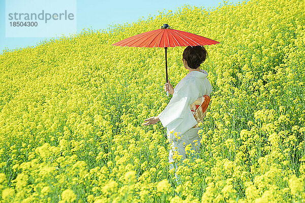 Japanerin in einem wunderschönen gelben Blumenfeld