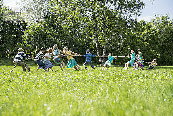 Gruppe Kinder spielen Tauziehen in einem Park  München  Bayern  Deutschland