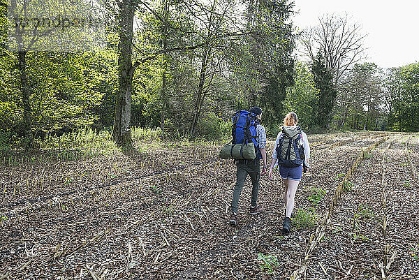 Junges Paar spaziert mit Rucksack durch einen Wald  Bayern  Deutschland