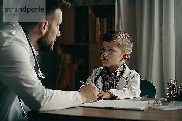 Vaterarzt bringt seinem Sohn die Arbeit eines Arztes bei