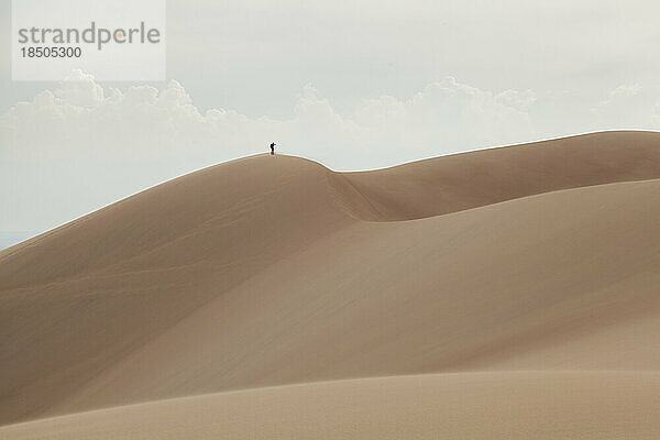 Lone hiker looks out from summit of sand dune