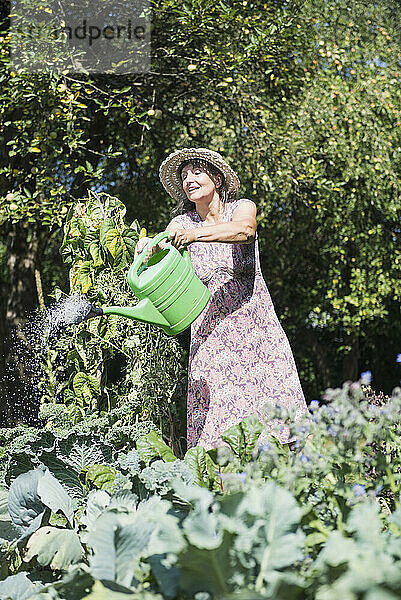 Ältere Frau gießt Pflanzen im Garten  Altötting  Bayern  Deutschland