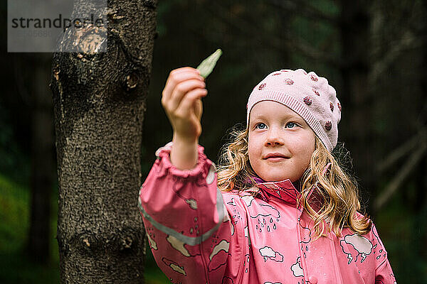 Nettes kleines Mädchen untersucht Blatt im Wald