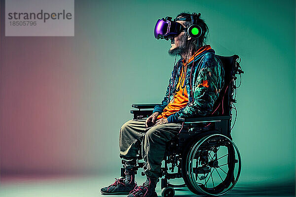 Studioaufnahme eines Mannes mit Behinderungen  der eine VR-Ausrüstung trägt