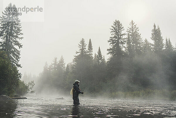 Mann fliegt morgens im Nebel mit Bäumen hinter ihm Fliegenfischen
