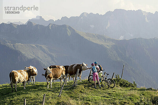 Junges Mountainbikerpaar streichelt Kuh in alpiner Landschaft  Zillertal  Tirol  Österreich