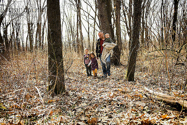 Vater geht mit Kindern im Wald spazieren und hält Baby und Tochter an der Hand