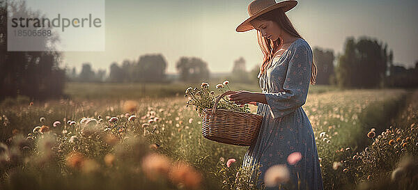 Bildgenerierte KI. Junge Frau sammelt Blumen auf einem offenen Feld