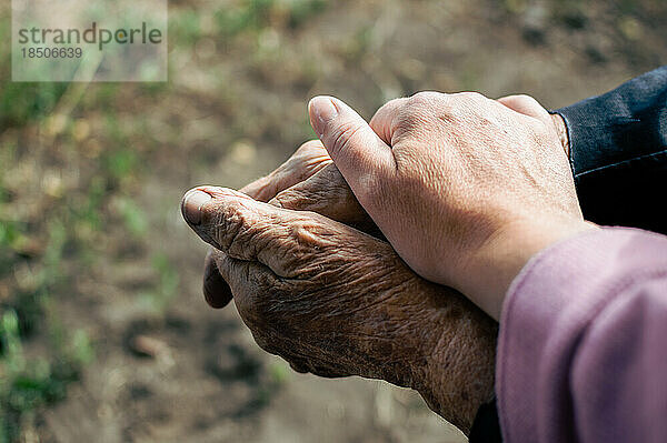 Hände der alten Großmutter und Enkelin  Zärtlichkeit und Fürsorge