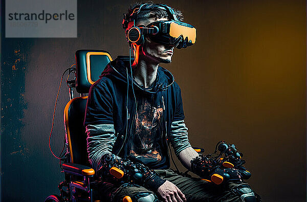 Studioaufnahme eines Mannes mit Behinderungen  der eine VR-Ausrüstung trägt