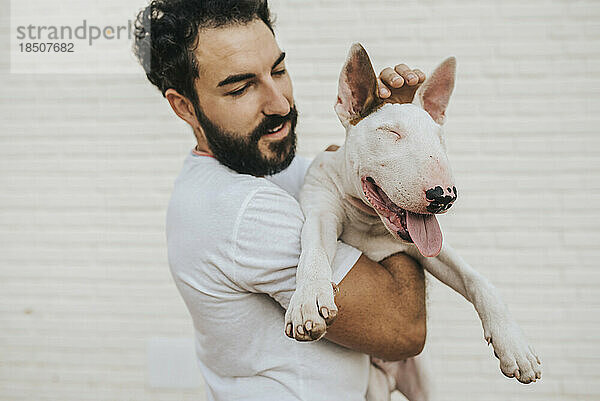 Bärtiger Mann umarmt weißen Bullterrierhund