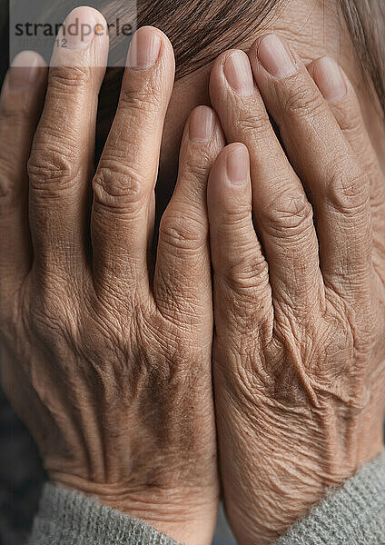 Deprimierte und frustrierte ältere Frau  deren Hände sein Gesicht bedecken