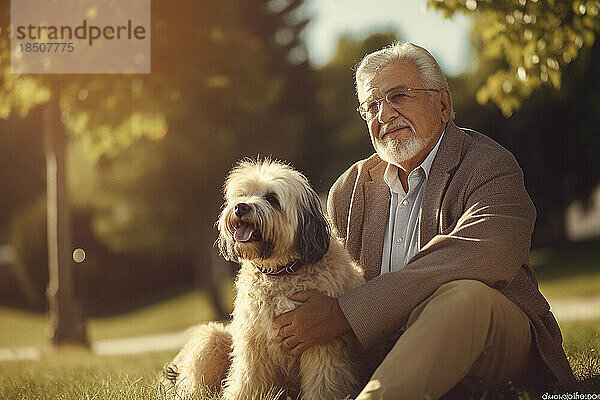 Generative KI. Älterer Mann und sein Hund  draußen