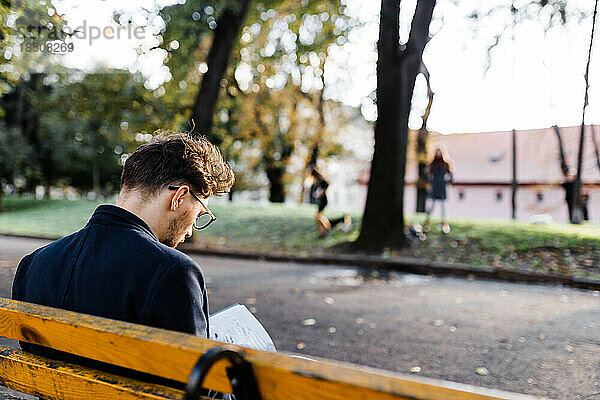 Stilvoller  lockiger Mann  der ein Buch liest  während er im Park sitzt