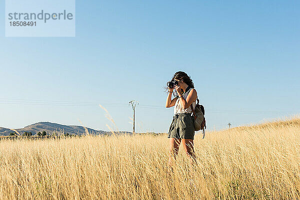 Junge Frau macht ein Foto mit einer Kamera auf einer Wiese in der Sonne