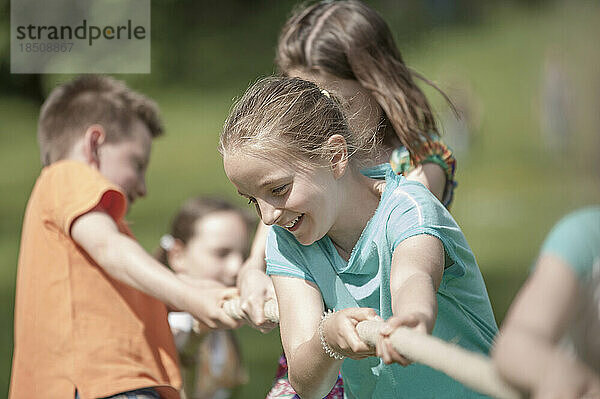 Gruppe Kinder spielen Tauziehen in einem Park  München  Bayern  Deutschland