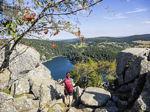 Rückansicht einer Wanderin mit Blick auf den Wald vom Hans-Felsrand über dem Lac Blanc bei Rocher Hans  Frankreich