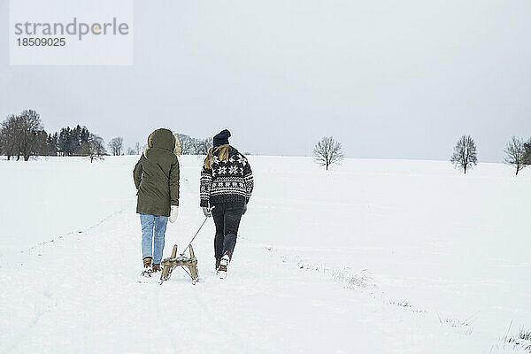 Zwei Mädchen im Teenageralter mit Schlitten in verschneiter Landschaft im Winter  Bayern  Deutschland