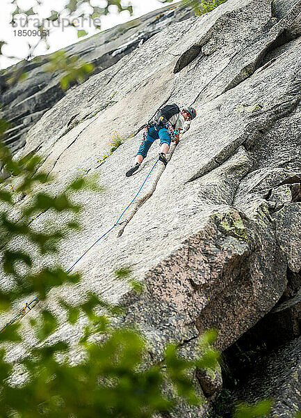 Mann klettert auf Felswand mit Blättern im Vordergrund