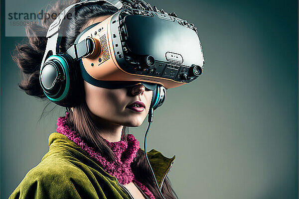 Studioaufnahme einer jungen Frau  die ein VR-Gerät trägt