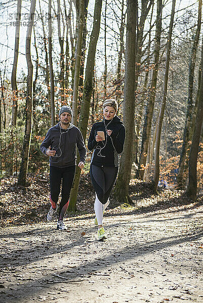 Mann und Frau joggen auf Fitnessparcours im Wald