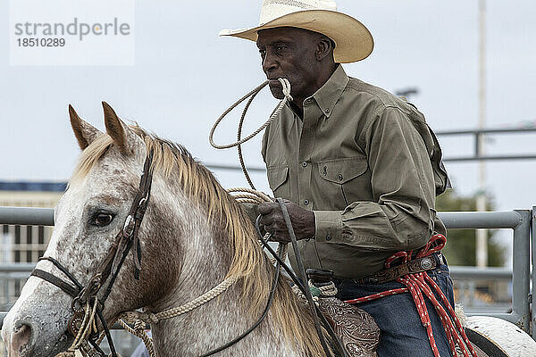 Ein Cowboy sammelt sein Seil mit dem Mund hinter der Bühne beim Rodeo
