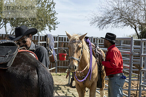Cowboys bereiten ihre Pferde hinter der Bühne beim Arizona Black Rodeo vor