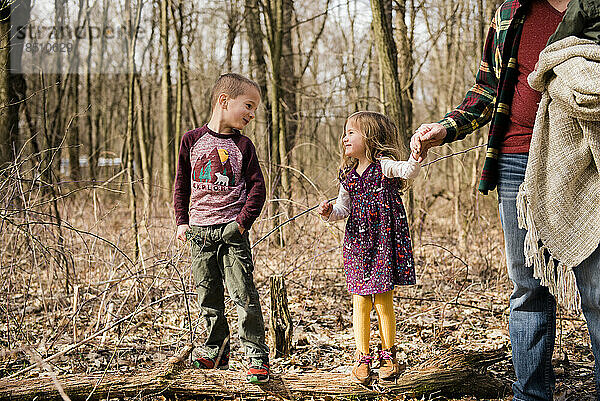 Bruder und Schwester lächeln einander im Wald an und halten Papas Hand