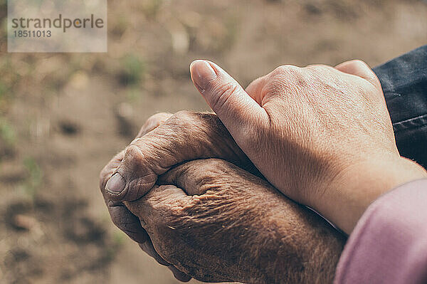 Hände der alten Großmutter und Enkelin  Zärtlichkeit und Fürsorge