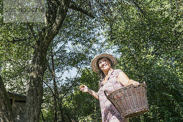 Frau mit Apfel und Korb im Garten  Altötting  Bayern  Deutschland