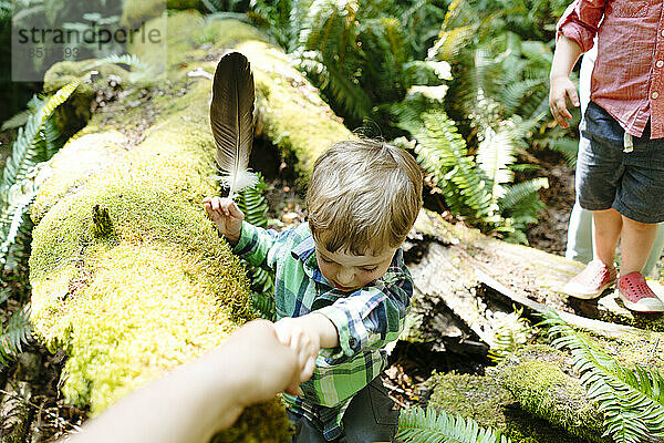 Ausgeschnittenes Bild  wie einem kleinen Jungen geholfen wird  über einen Baumstamm zu springen