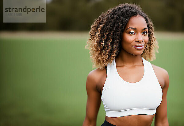 Porträt einer afroamerikanischen sportlichen Frau  die im Freien trainiert. Generative KI