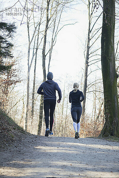 Rückansicht eines Mannes und einer Frau beim Joggen auf dem Fitnesspfad im Wald