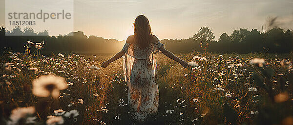 Frau in langem Sommerkleid spaziert durch Wildblumenfeld