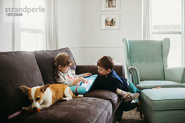 Junge und Mädchen sitzen auf der Couch mit Corgi-Welpe und Tablet
